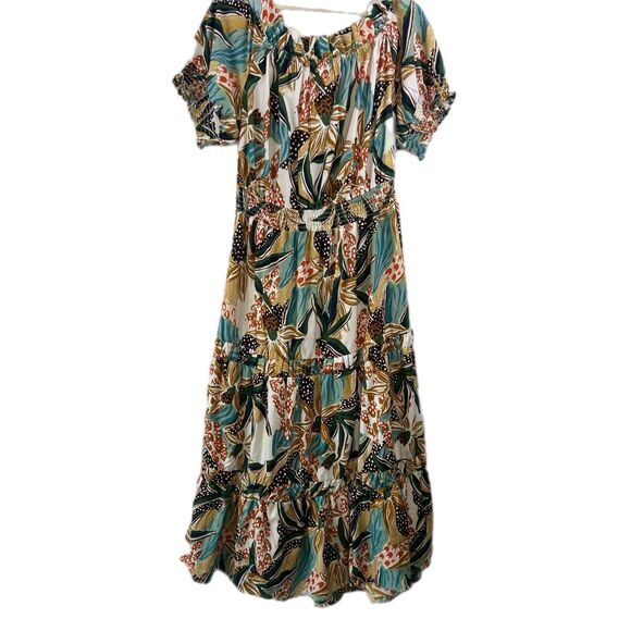Flowers Dresses & Skirts - Floral 3X Maxi Tiered Cottage Feminine Puffy Sleeves Off Shoulder Long Dress